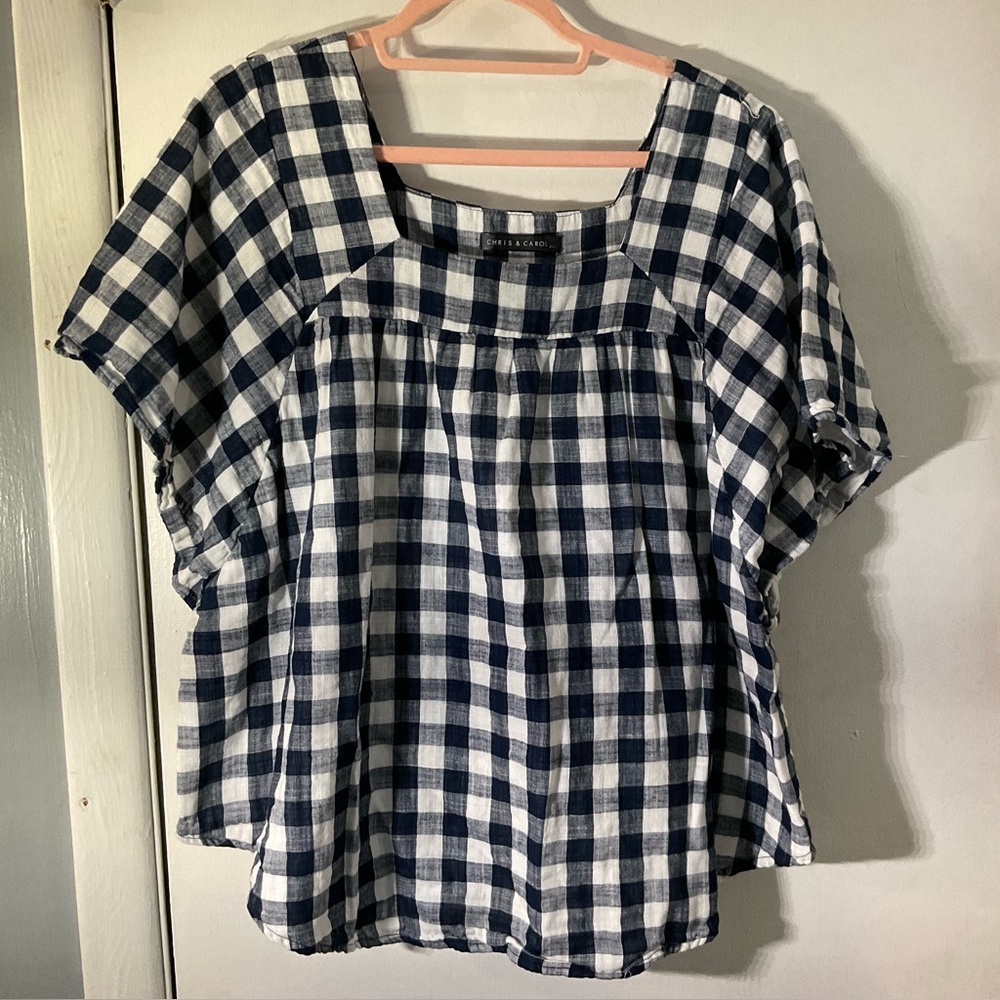 Chris & Carol Checkered Black & White Blouse kimono sleeve SZ XL